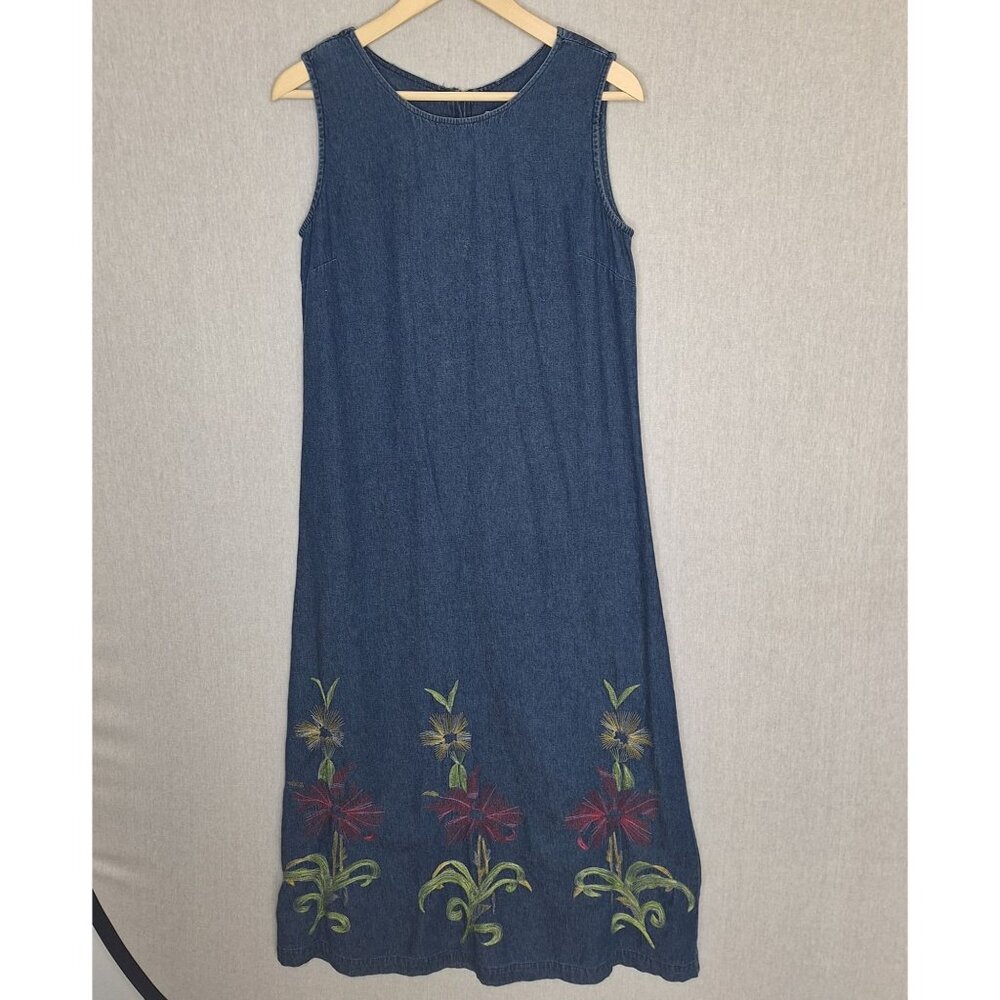 💙 Sarin Vintage 80's Stitched Flowers Maxi Denim Jeans Dress Size 8 Cotton Cott